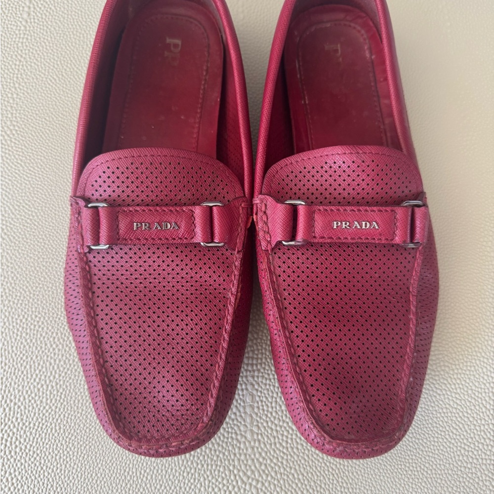 Prada Red Loafers Slip-Ons with Metal Detail